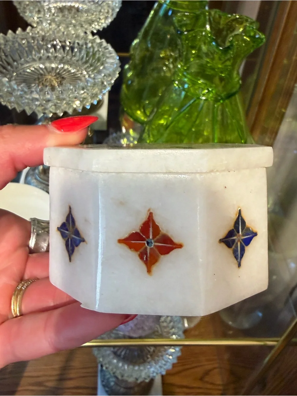 Vintage White Marble Hexagonal Jewelry Box with Colorful Floral Gemstone Inlay